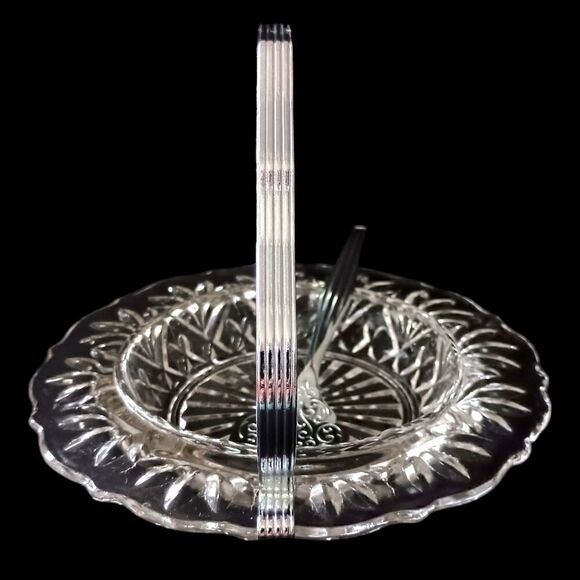 Sheffield Glass Server Plate Set Chrome Fork Holder Vintage Seafood Appetizers. - Picture 9 of 16